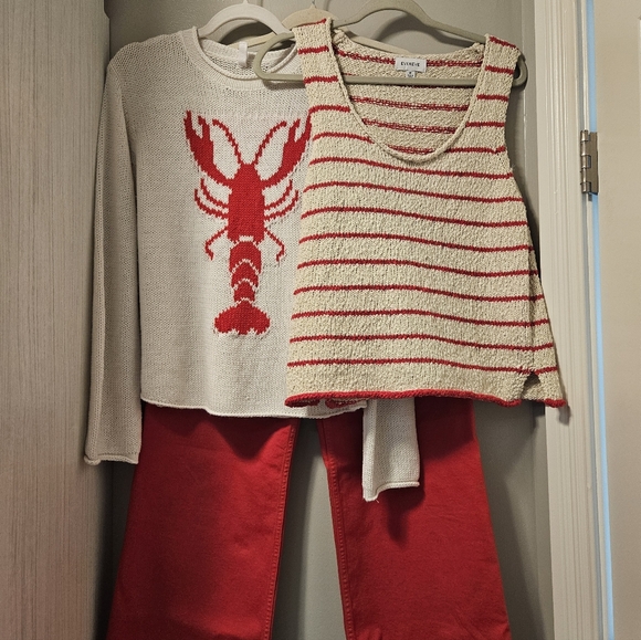 pistola Denim - Pistola Flare Red Jeans, Wishlist Lobster Sweater & Evereve Striped Tank